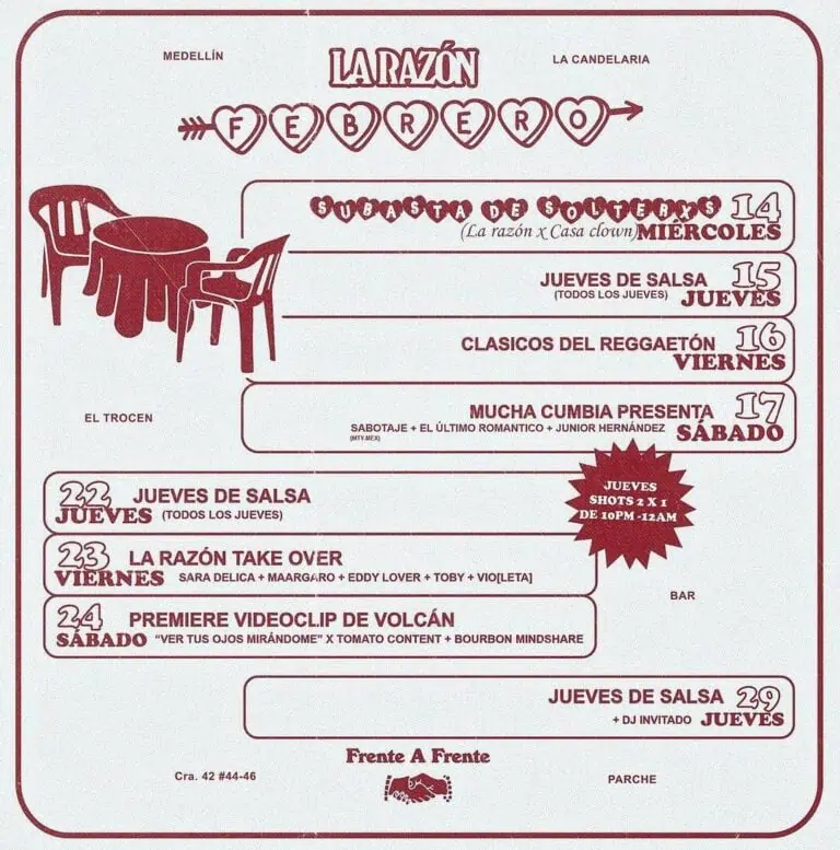 麦德林单身人士拍卖会、音乐和娱乐活动、La Candelaria 的多样化节目、周四的萨尔萨和雷鬼经典音乐、La Razón 的节日气氛、麦德林的社交活动。