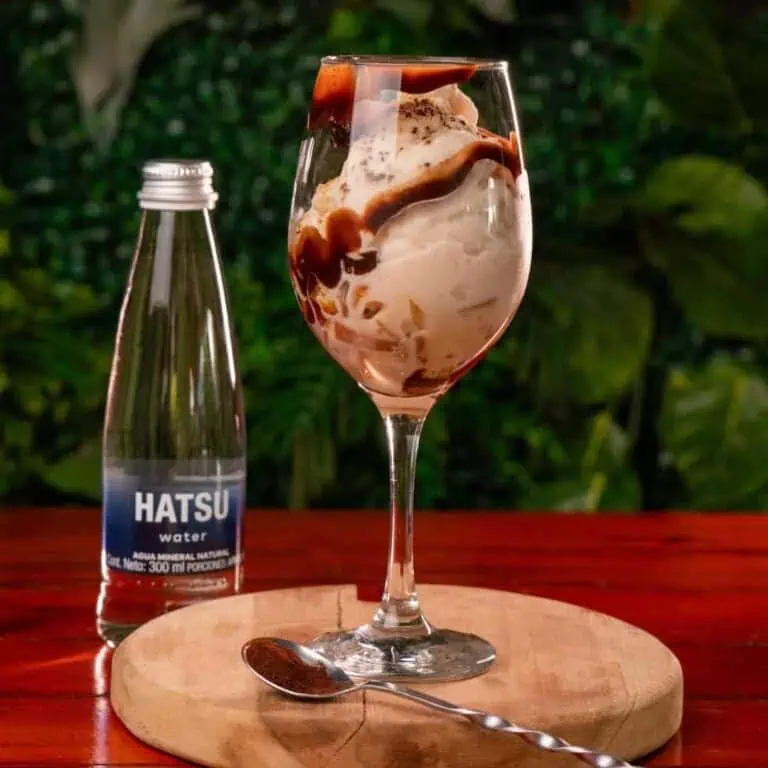 Des glaces parfumées au chocolat et à la crème, servies dans une coupe, accompagnées d'eau minérale en bouteille, dans un cadre naturel et vintage. Idéal pour vos événements et expériences culinaires.