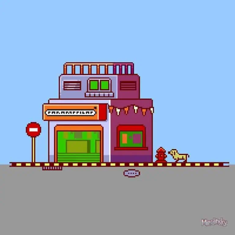 像素艺术风格，描绘了一栋色彩缤纷的建筑，绿色的门窗，装饰着花环和招牌，旁边还有“薯片”的字样，整体设计风格复古而充满活力。