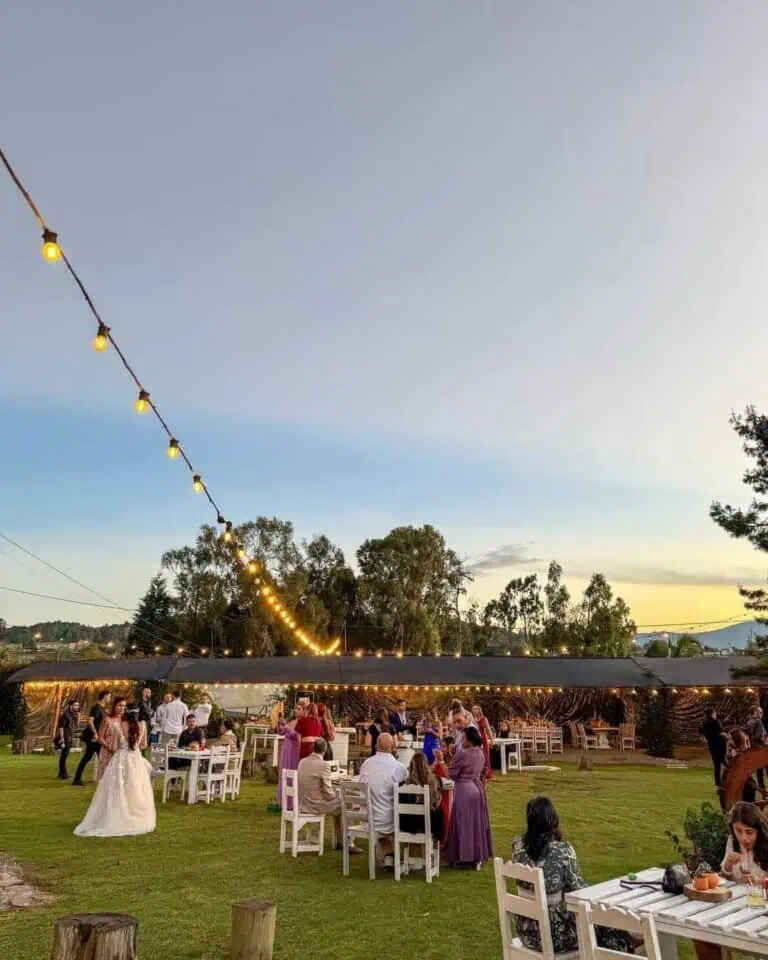 Luci decorative e un evento sociale all'aperto durante una festa notturna, con gli ospiti che si divertono in uno spazio luminoso e festoso.