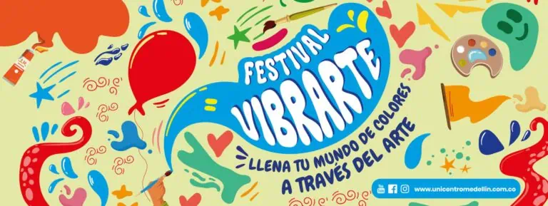 Farbenfrohes Werbeplakat für ein Kinderfestival mit Luftballons, Farbe und lustigen Formen für kulturelle und künstlerische Veranstaltungen für Kinder in Medellín, Kolumbien. [Alternativtext: Farbenfrohes Plakat für ein Kinderfestival mit Kunst- und Spielelementen in Medellín] [Bildunterschrift: Werbeplakat für das Kinderfestival in Medellín, das Kreativität und Kunst bei Kindern im Rahmen kultureller Veranstaltungen fördert] [Relevanz: Ja]