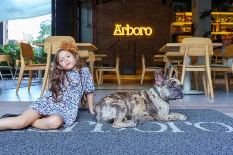 在哥伦比亚波哥大，一位女孩抱着一只法国斗牛犬站在一家装潢现代、氛围温馨的餐厅门口。