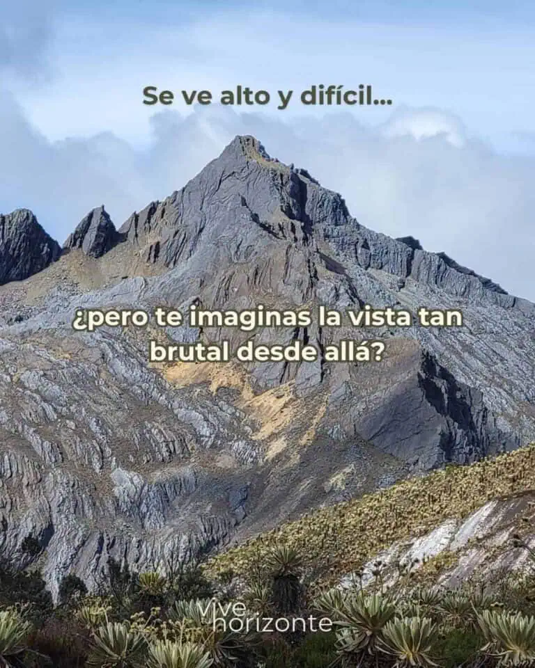 巍峨的岩石山峰，阴云密布的天空，配以激励人心的标语，描绘了充满活力和挑战性的户外活动场景。