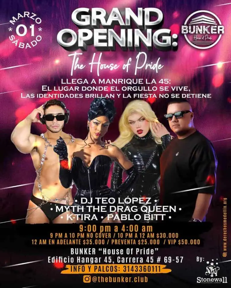 Soirée d'ouverture au Bunker House of Pride à Manrique, avec un DJ, des drag queens et de la musique live ; célébrant la fierté avec des expériences uniques et exceptionnelles dans un cadre dynamique.