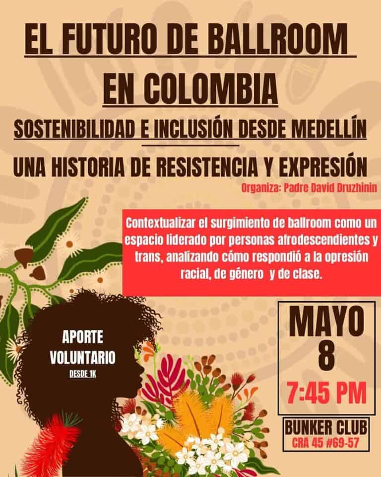 Mujer afro con flores coloridas sobre fondo beige, promocionando evento de ballroom en Colombia para promover inclusión y resistencia cultural.