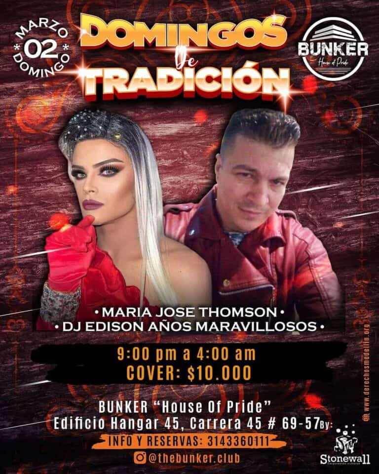 - Disfruta de una noche de tradición y música en el evento de los domingos en Bunker House of Pride, con artistas como María José Thomson y DJ Edison años maravillosos.