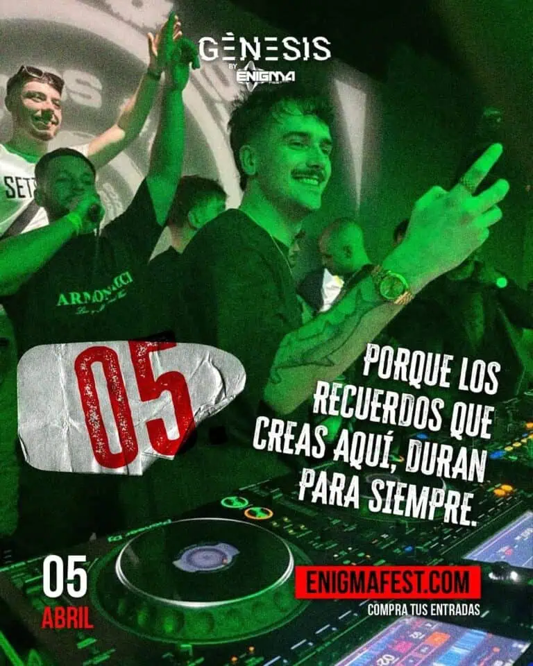 Genesis, a musical event in Medellín with a live DJ and a festive atmosphere, celebrating memories and music forever. Tickets available at Enigma Fest.