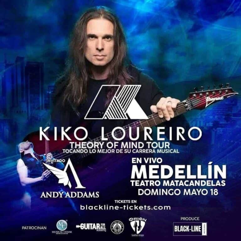 Kiko Loureiro en concierto en Medellín, evento musical en vivo, con Andy Addams, Teoría de la Mente Tour, temporada de shows en Teatro Matacandelas, entradas en blackline-tickets.com, promoción de evento musical en Colombia.
