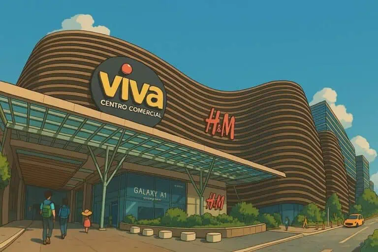 图片展示了哥伦比亚 Viva 购物中心，其中包含 H&M 商店和 Galaxy A7 手机。