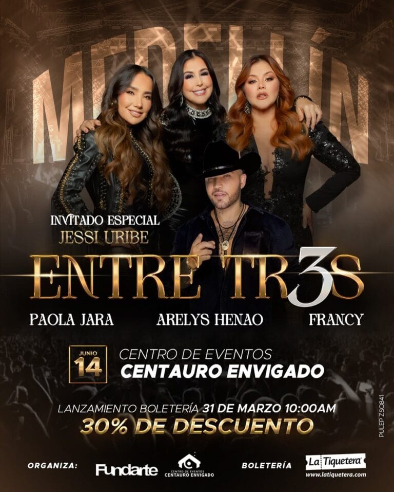 Jessi Uribe entre artistas de música empresarial en evento en Centauro Envigado, evento de entretenimiento con descuento de 30% en boletas, con invitados especiales y artistas destacados.