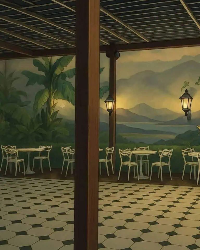 Eventario co, Restaurantatmosphäre mit Wandgemälde in natürlicher Landschaft, elegante Tische und Stühle, warme Beleuchtung, moderne Einrichtung, Firmenveranstaltung, gesellschaftliches Ereignis, ruhige und gemütliche Atmosphäre, ideal für Tagungen und Feiern, Restaurantdekor, elegante Veranstaltungen.