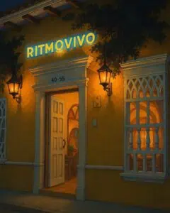 Die Außenfassade von RITMOVIVO zeichnet sich durch warme Beleuchtung, Türen und Fenster im klassischen Stil sowie eine einladende und elegante Atmosphäre aus, ideal für Veranstaltungen und Feiern in Kolumbien.