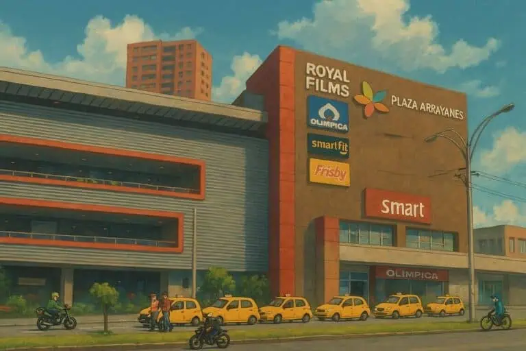Olimpica in Plaza Arrayanes, a shopping center with stores like Royal Films, Smart Fit, and Frisby in Bogotá, Colombia, with yellow taxis and motorcycles on the road.