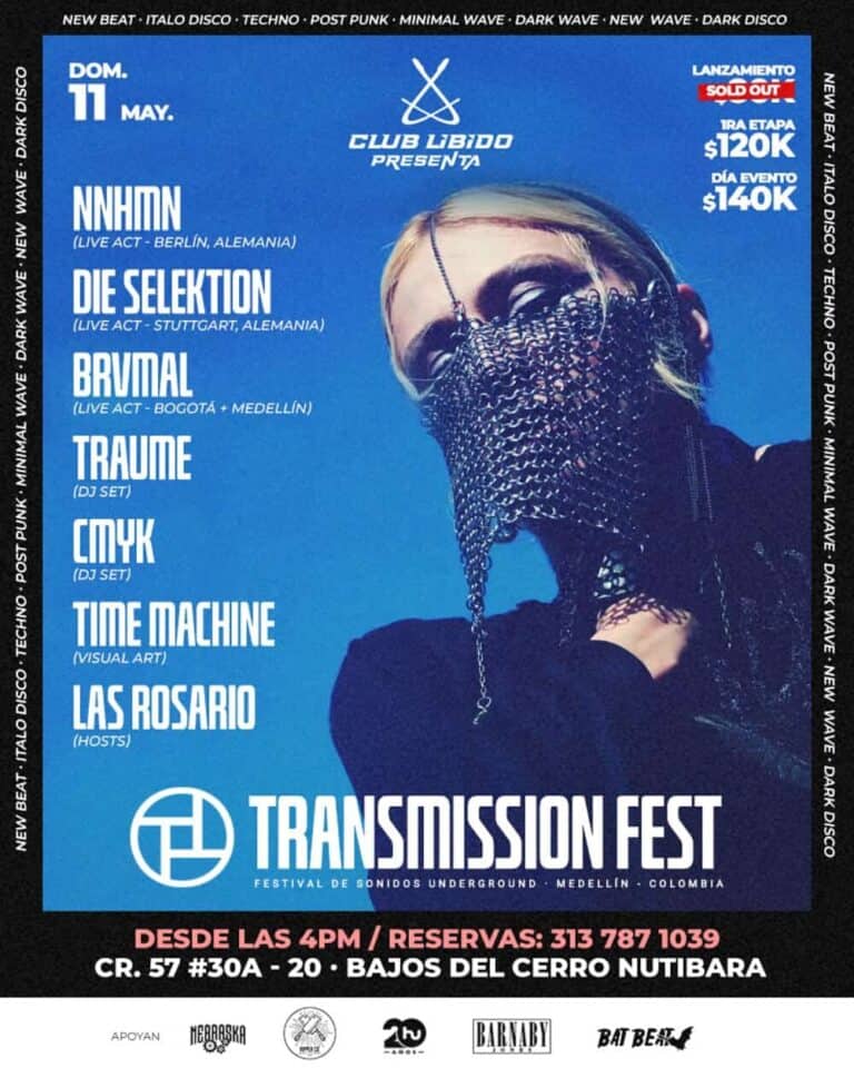 Alt: Cartel del festival Transmission Fest en Medellín con artistas como NNHDN y Die Seleksiön, en estilo dark wave, techno y post punk.