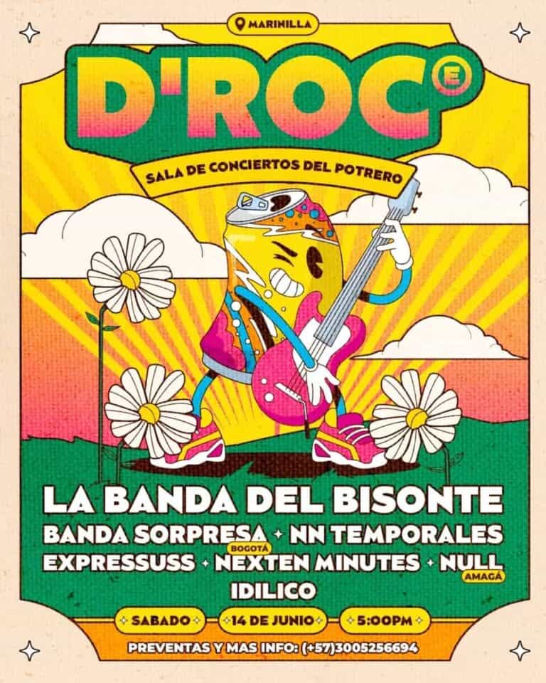 Disfraz de banda de rock con instrumento musical, en un cartel de concierto con estilo colorido y vibrante, promocionando evento musical en Marinilla.