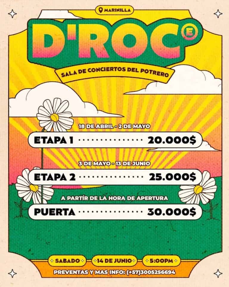 Eventario festival DROC en Marinilla, boletos para diferentes etapas y puerta, concierto en la sala del potrero, imagen promocional del evento.
