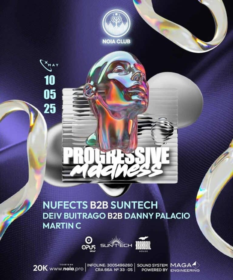 Espejo de rostro en 3D con efecto holográfico y colores vibrantes, promocionando el evento Progressive Madness en Noia Club, con artistas destacados como Nufects B2B Suntech y Dany Palacio.