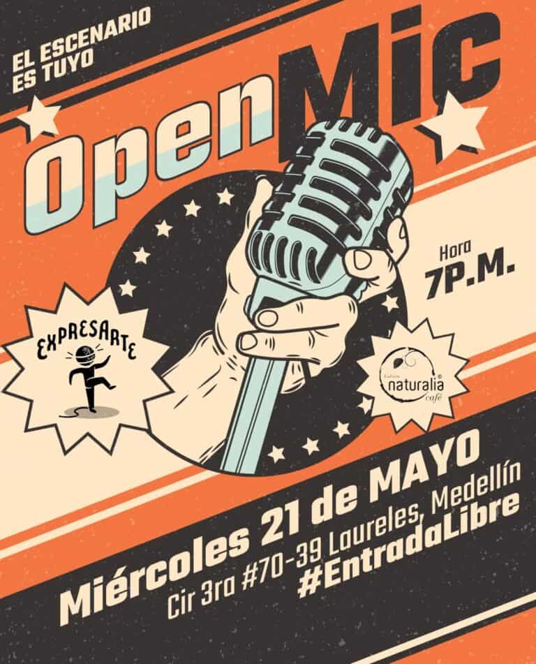 Micrófono vintage en mano, invitando a un evento de oratoria y expresión artística en Medellín. Diseño artístico con colores vibrantes, destacando la fecha, hora y lugar del evento.
