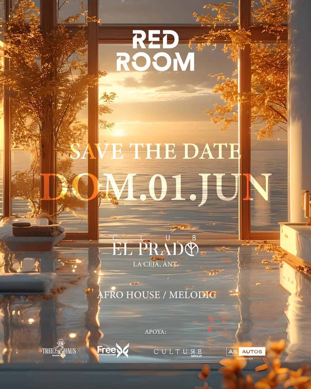 - Sunset view through glass windows with trees and water for event promotion.