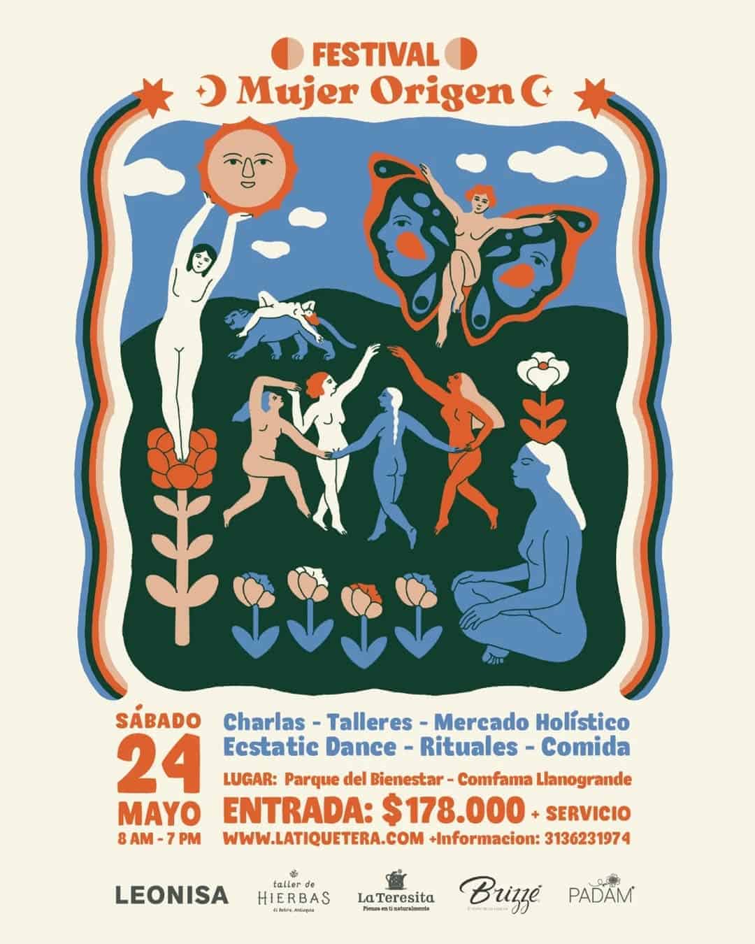 Celebración del Festival Mujer Origen, con actividades como charlas, talleres, mercado holístico, danzas extáticas, rituales y comida en el Parque del Bienestar, Comfama Llanogrande.