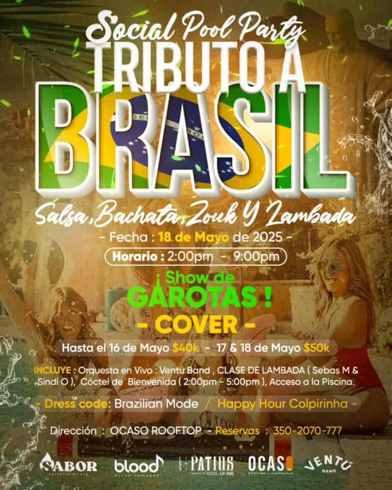 Fiery social pool party poster promoting a Brazilian-themed event with salsa, bachata, zouk, and lambada dance shows, scheduled for May 18, 2025, from 2:00 pm to 9:00 pm, including live music, dance classes, and pool access.