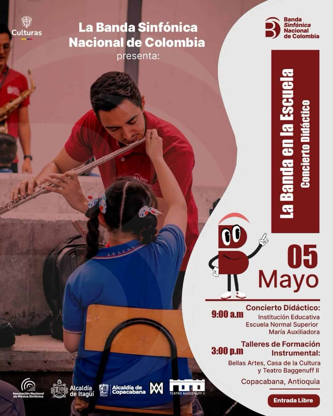 Banda Sinfónica de Colombia presentando en un evento cultural en una escuela, destacando actividades didácticas y talleres instrumentales, con participación infantil y profesional.