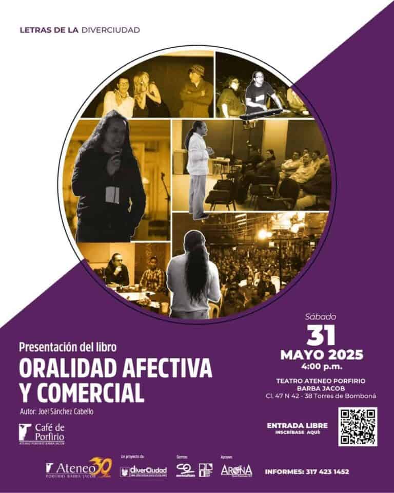 Presentación del libro "Oralidad Afectiva y Comercial" en evento en Teatro Ateneo Porfirio Barba Jacob. Fotografía de ponencias, público y actividades relacionadas con la cultura y la comunicación en eventos académicos y culturales.