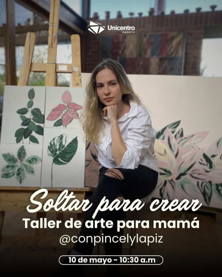 Creativa mujer en taller de arte para mamá, pintando hermosas ilustraciones botánicas en lienzos, promoviendo actividades familiares y artísticas en Medellín, evento de arte y creatividad para madres.