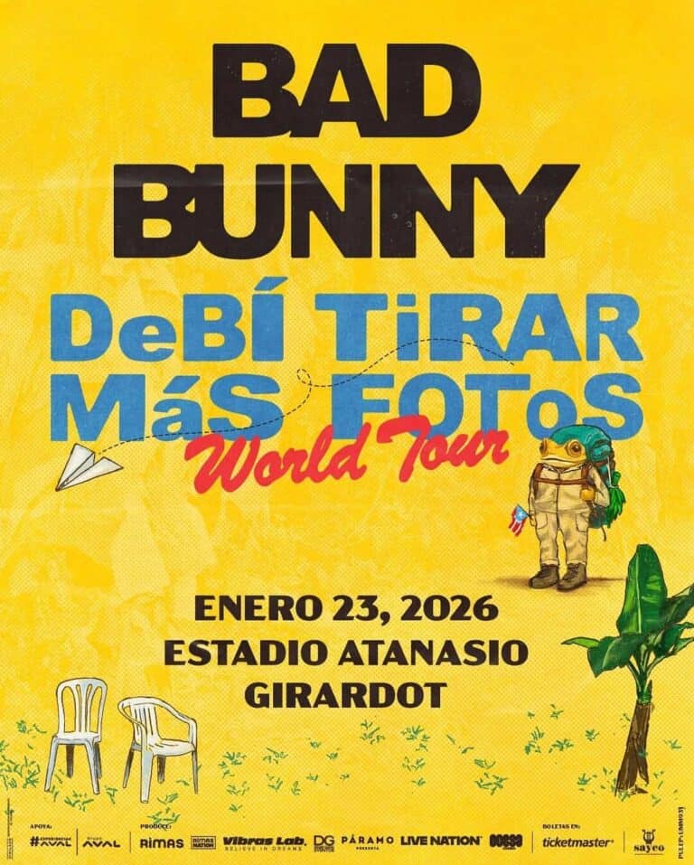Archivo de imagen para evento de viaje y fotografía, imagen promocional del World Tour de Bad Bunny en Girardot, con fecha y detalles del concierto, uso de colores llamativos y elementos de naturaleza y aventura.