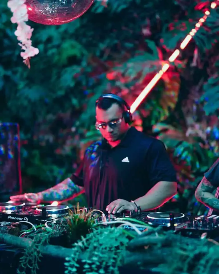 DJ jouant lors d'un festival ou d'un événement, mixant de la musique live, scène avec éclairage nocturne et ambiance festive, concept de divertissement et d'organisation d'événements en plein air.