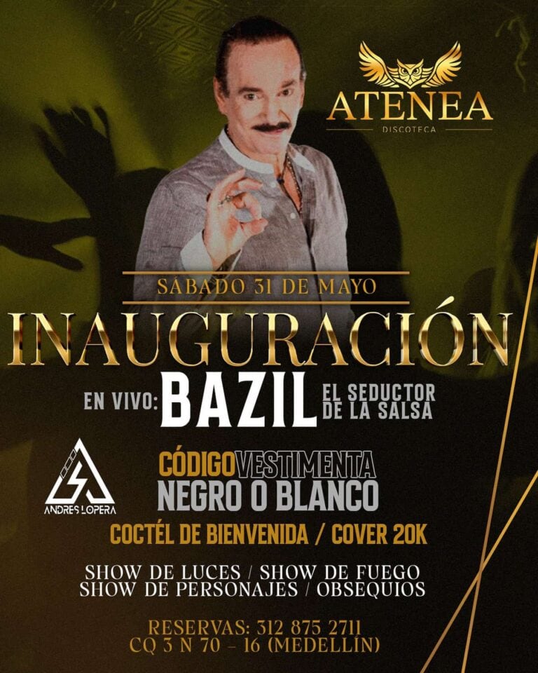 Bailarín en evento de inauguración en discoteca Atenea, espectáculo en vivo de Bazil, show de luces y fuegos, show de personajes, obsequios, reservaciones en Medellín, fiesta temática y salsa.