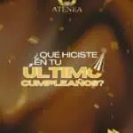 生日活动邀请卡，采用喜庆设计，饰以金色彩纸屑和派对帽，旨在推广在麦德林举办的活动组织和庆祝活动。