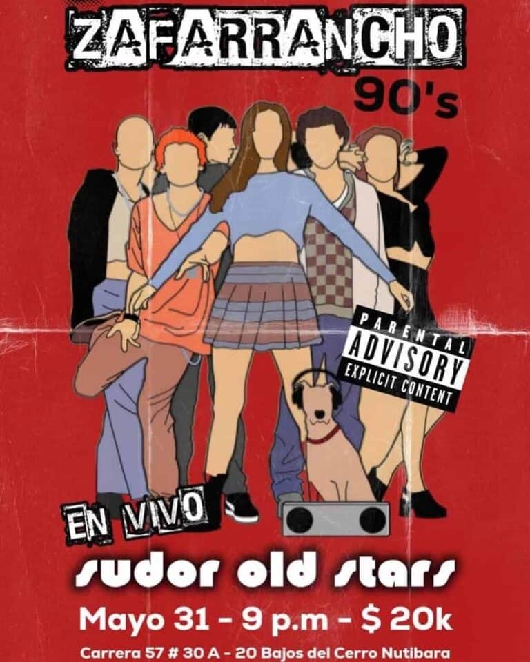 Zafarrancho 90's y 2000s, concierto en vivo con banda cover de los mejores éxitos de los años 90 y 2000, evento en Bajo del Cerro Nutibara, Medellín, con entrada de $20.000, música en vivo, fiesta retro.