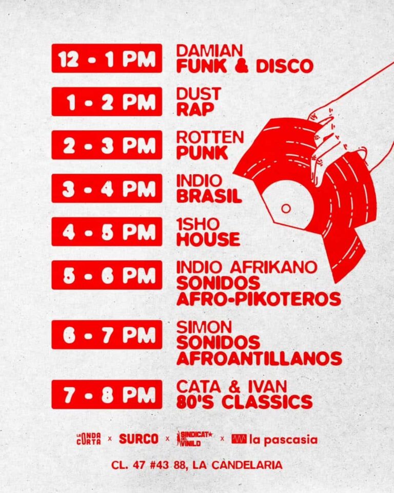 Cartel de programación de eventos musicales en La Candelaria, Bogotá, con horarios y artistas destacados como Damian Funk, Dust Rap, Rotten Punk, Indie Brasil, entre otros.