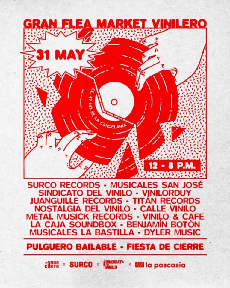 Folleto del evento de vinilo "Gran Flea Market Vinilero" en Surco, con fecha 31 de mayo, exhibiendo artistas, sellos discográficos y música en vivo en un ambiente de feria y fiesta de cierre.