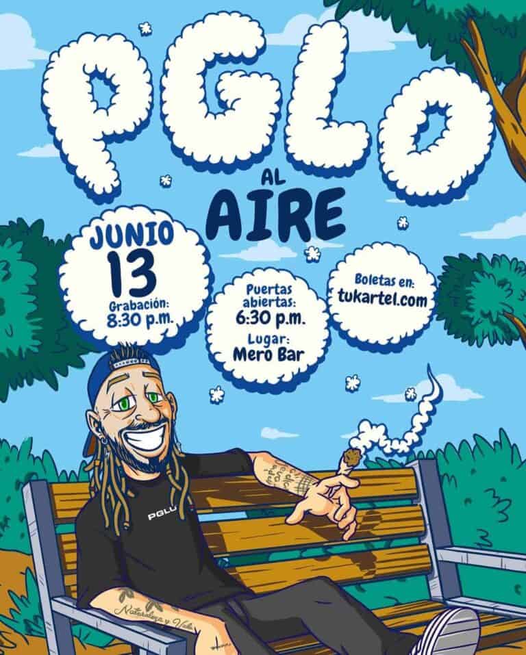 Fiileño de imagen con letras grandes y nubes de texto promocionando un evento en el parque, incluyendo detalles y compra de entradas en línea, ambientado en un parque con un personaje relajado sentado en un banco.