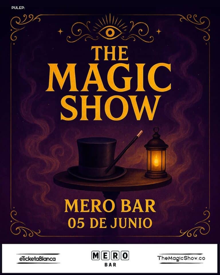 Hechizo de magia en cartel del espectáculo "The Magic Show" en Mero Bar con detalles místicos y una lámpara antigua, perfecto para promoción de shows de magia y entretenimiento en eventos en Colombia.