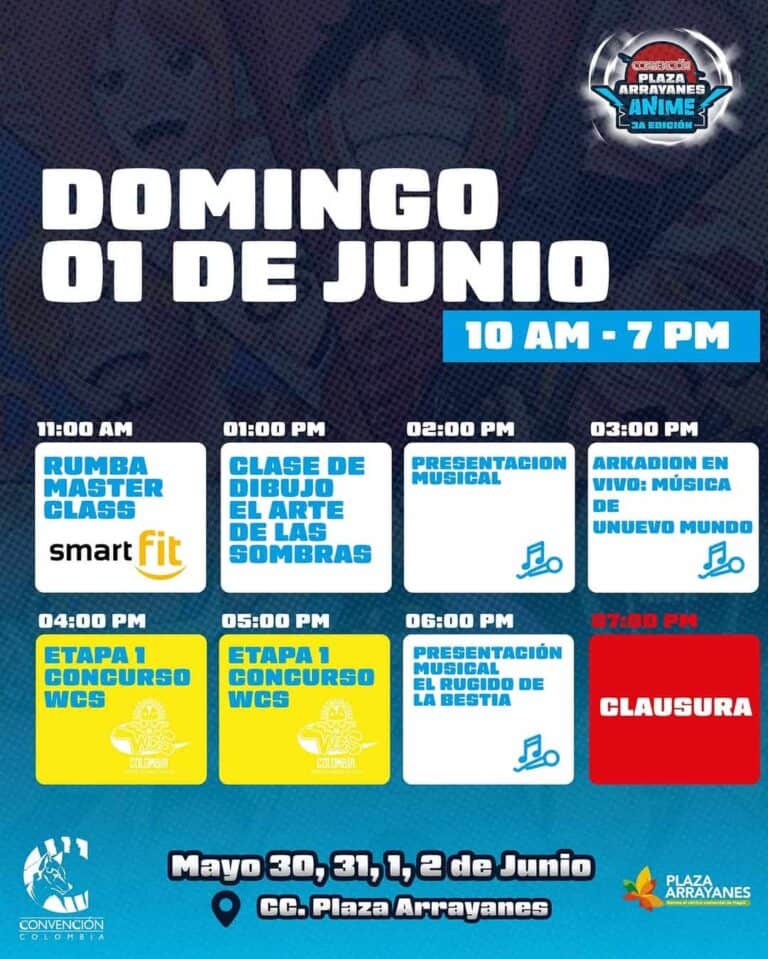 Evento de celebración de videojuegos y cultura pop en Plaza Arrayanes con actividades, concursos y presentaciones musicales, el domingo 1 de junio de 10 AM a 7 PM en Colombia.