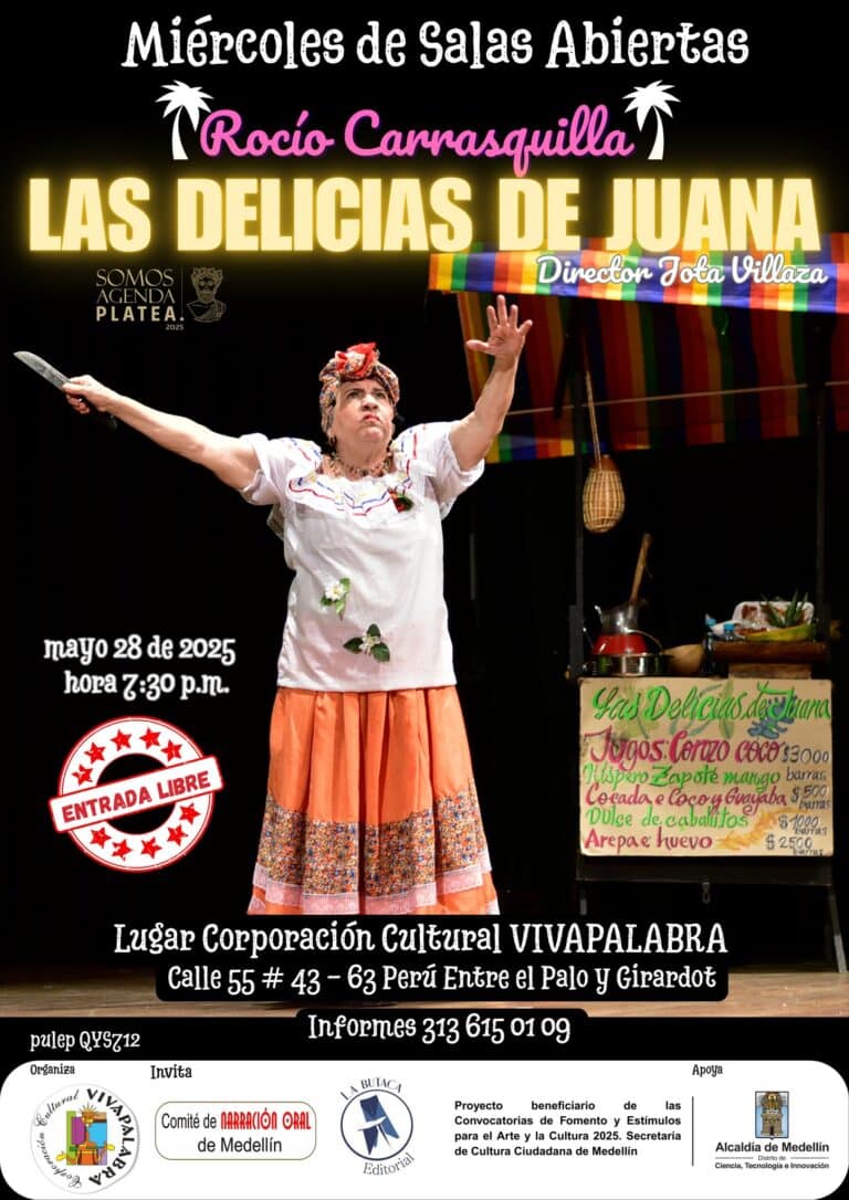 Rostro de una actriz en una obra de teatro con vestuario folklórico, promocionando un evento cultural en Medellín en un escenario teatral.