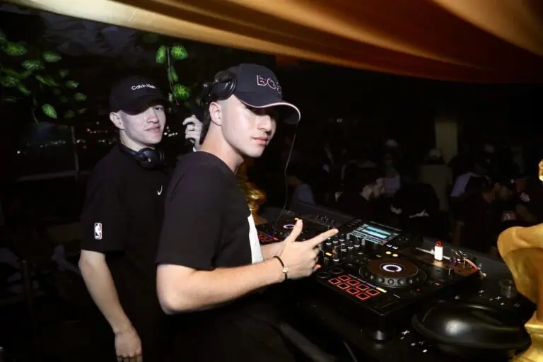 DJ at event, Live music, party, disc jockey, party atmosphere, Electronic music, social event, nightclub, celebration, entertainment, professional DJ equipment.