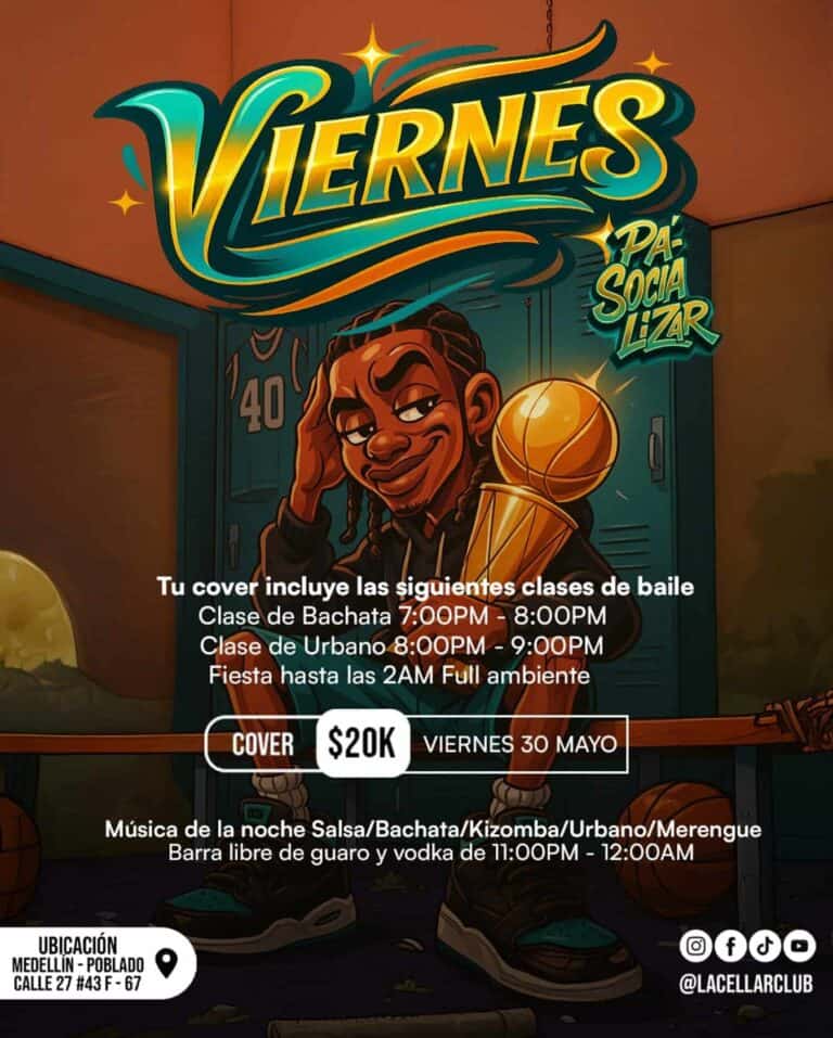 Fiesta de viernes en LaCelLa Club con clases de baile, música en vivo y ambiente de fiesta hasta la madrugada, ubicada en Medellín - Poblado, con opciones de salsa, bachata y más.