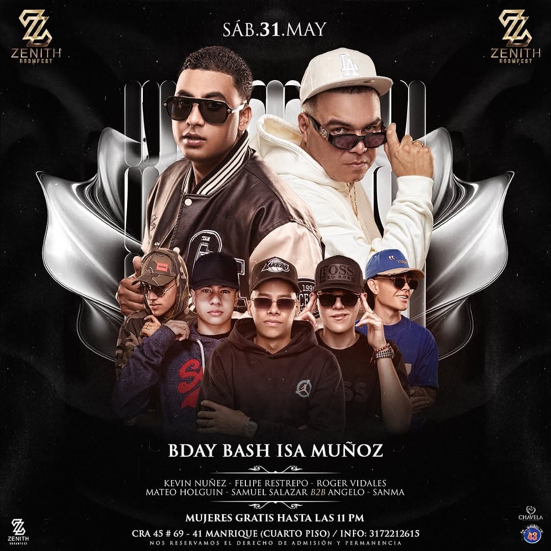 Disfruta del BDAY BASH ISA MUÑOZ en Zenith Rooftop Fest, Celebración exclusiva con artistas invitados como Kevin Núñez, Felipe Restrepo y más, música en vivo y entrada gratis hasta las 11 pm.