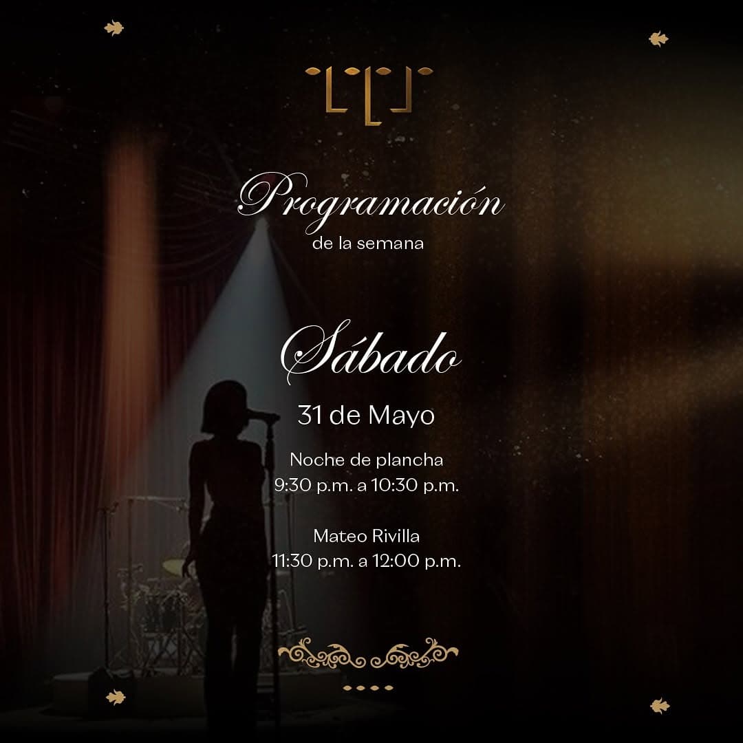 Fixture de programación de eventos, en la clase de música o teatro, con detalles de horarios y artistas en un escenario con iluminación dramática.