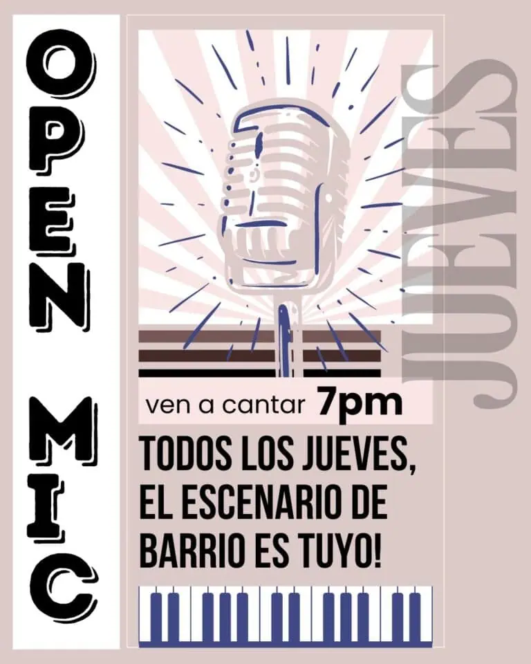 Illustration-style microphone with a radiant background and a neighborhood karaoke invitation message, ideal for promoting musical events.