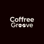 Coffree Groove logo en fondo negro, diseño moderno y minimalista para marca de café o eventos relacionados con el café en Colombia.