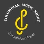 Colombian Music Night logo disc with a dark gray background, white and yellow lettering, representing culture, music, and cultural travel in Colombia.
