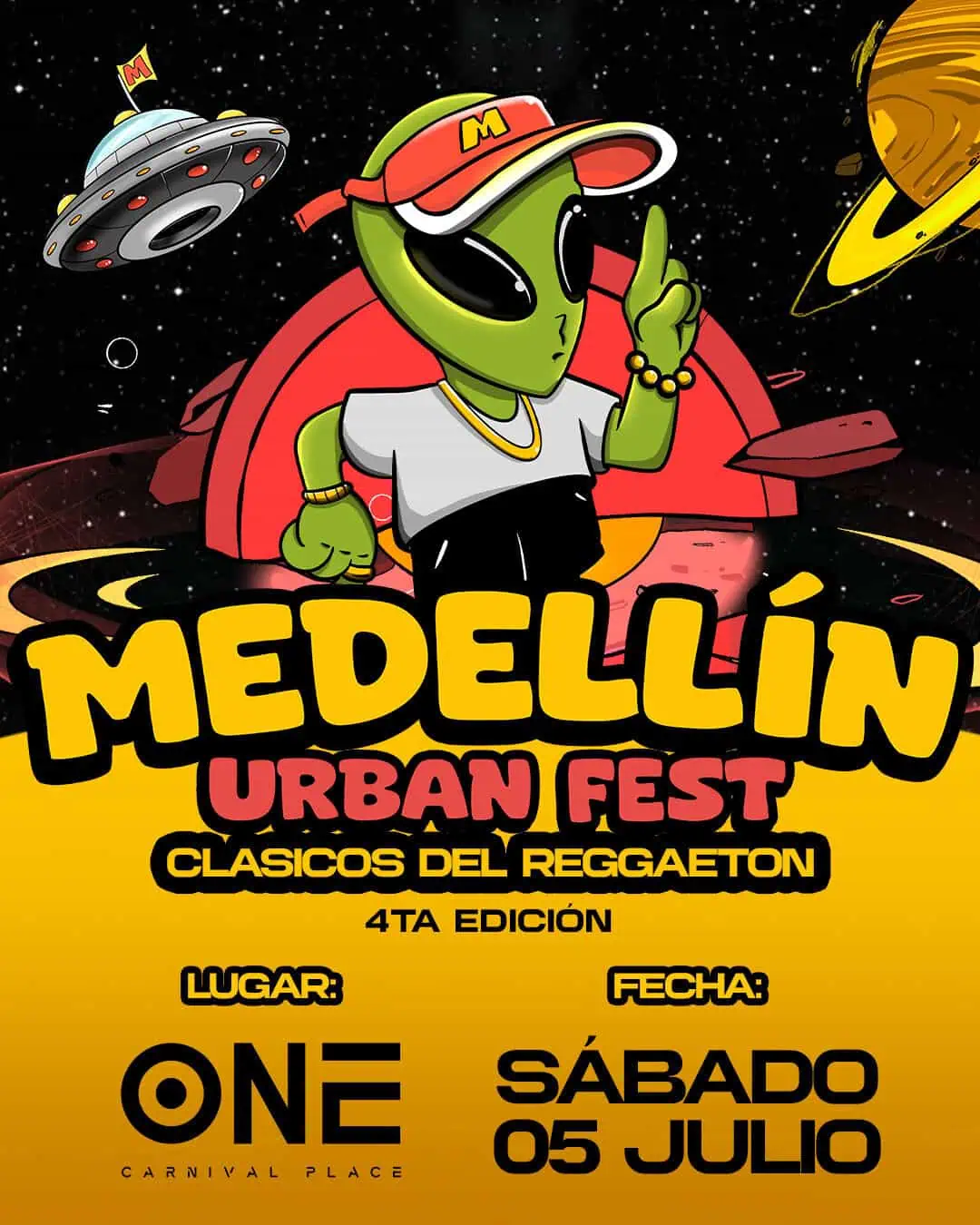 Un OVNI extraterrestre portant une casquette et des vêtements urbains figure sur l'affiche du Medellín Urban Fest, un événement reggaeton classique dans l'espace galactique.