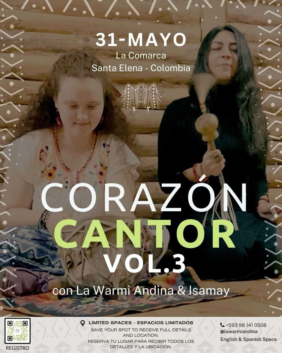 Corazón Cantor Vol.3 con La WarMi Andina & Isamay, evento cultural en Santa Elena, Colombia, el 31 de mayo, promoviendo música folclórica, tradición y cultura andina en un espacio limitado y exclusivo.