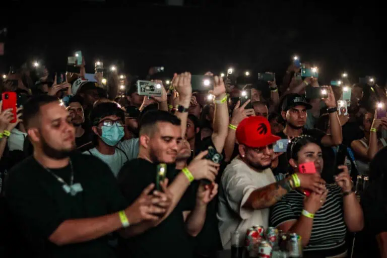 Enjoying a concert with many people using their phones to capture the moment at a live music event. Eventoiro offers event management solutions and memorable experiences.