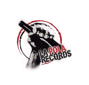 Rostro de mano sosteniendo una botella con fondo de círculo negro y rojo, logotipo de La Pola Records en estilo de protesta, diseño gráfico en negro, blanco y rojo, música, sello discográfico, cultura urbana.